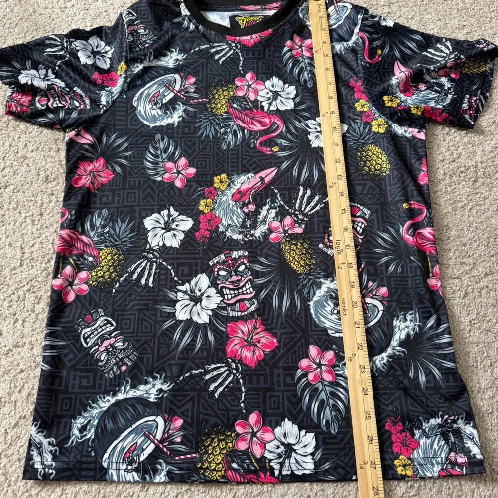 Good Vibes Drill Clothing Co Shirt Mens Medium Black Tropical Tiki Skeleton Surf
